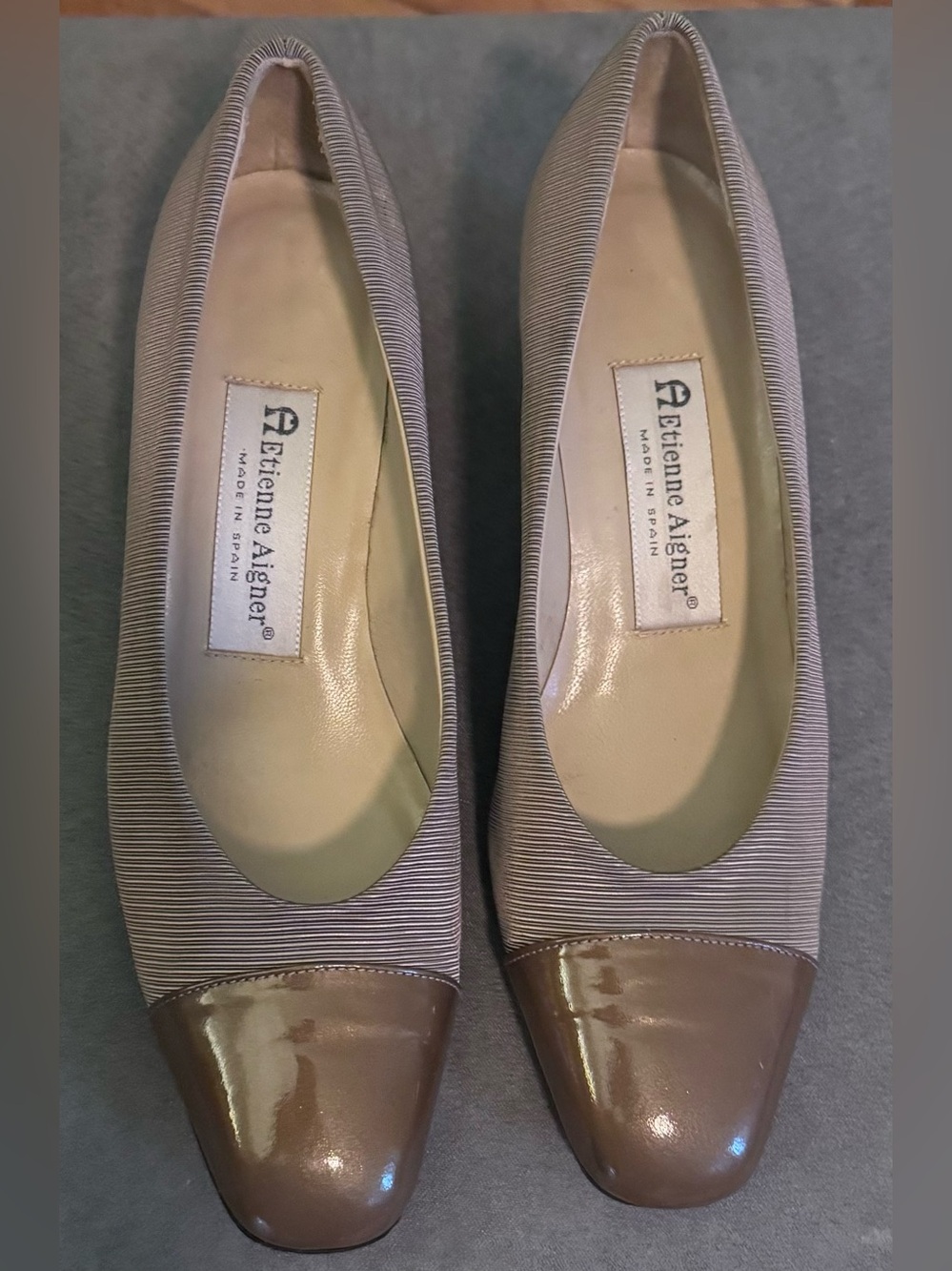 Etienne Aigner Taupe Striped Fabric Flats with Metallic Patent Cap Toe